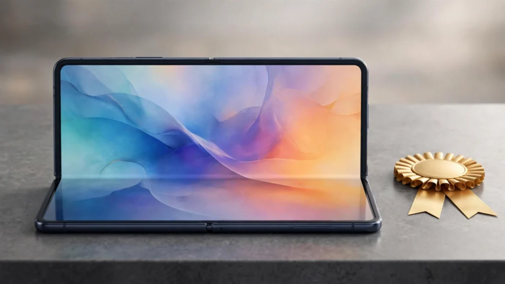 Samsung Galaxy Z Fold8 open to show its inner display beside a Which? Best Buy award badge