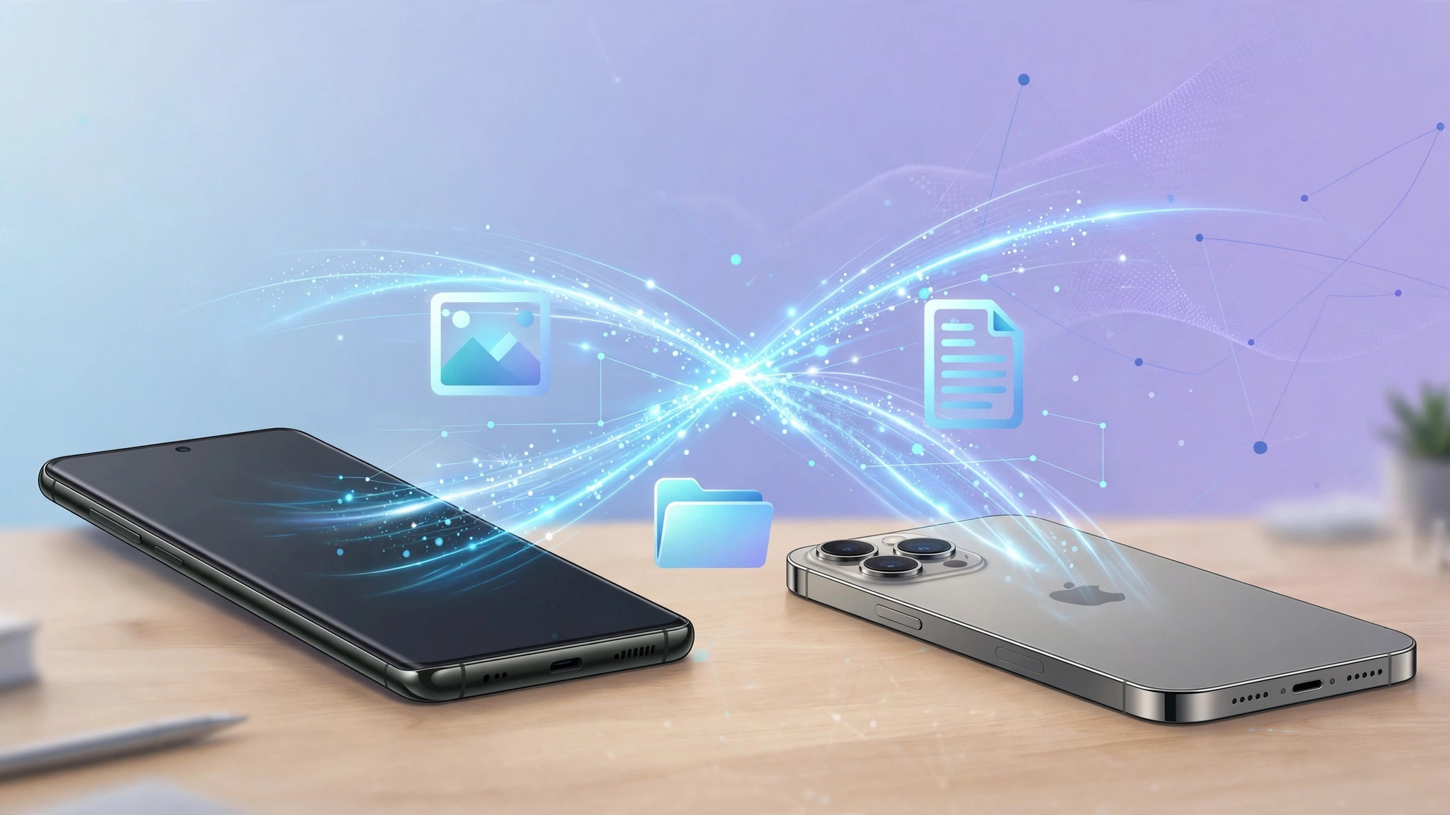 Samsung Galaxy S26 sharing files wirelessly with an iPhone via AirDrop-style Quick Share transfer