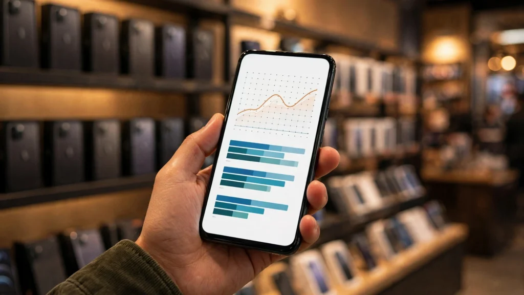Shopper comparing Samsung Galaxy and iPhone prices on a smartphone screen with Black Friday sale tags in a UK store
